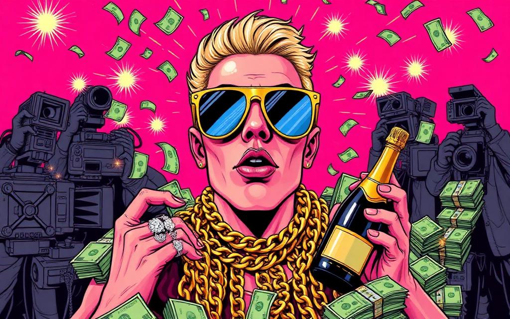 Cartoon celebrity covered in gold chains and cash with paparazzi