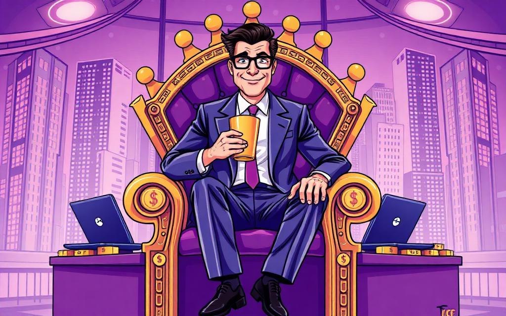 Cartoon CEO sitting on a golden dollar throne
