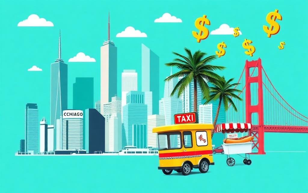 Collage of American city skylines with palm trees and taxi