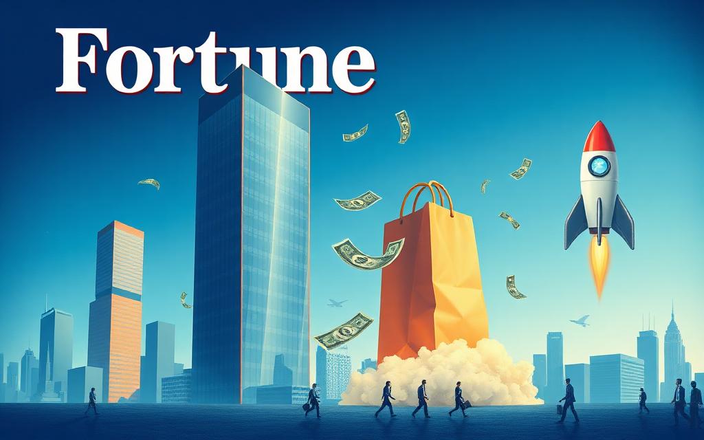 Skyscrapers, shopping bag and rocket with floating dollars