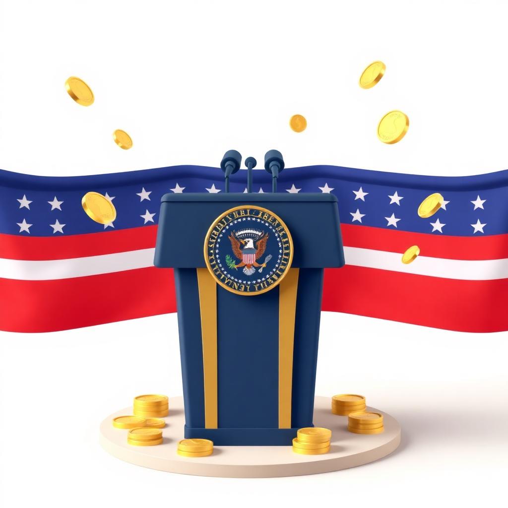 Presidential podium with American flag, seal, and floating gold coins