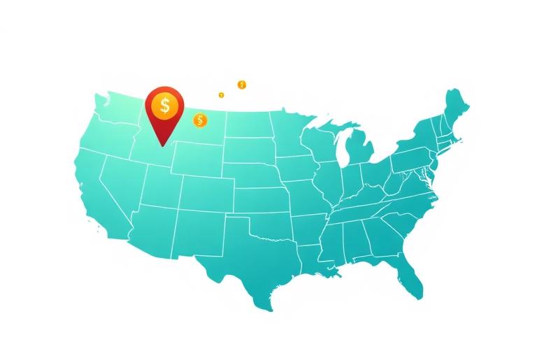 Stylized US map with location pin and floating coins