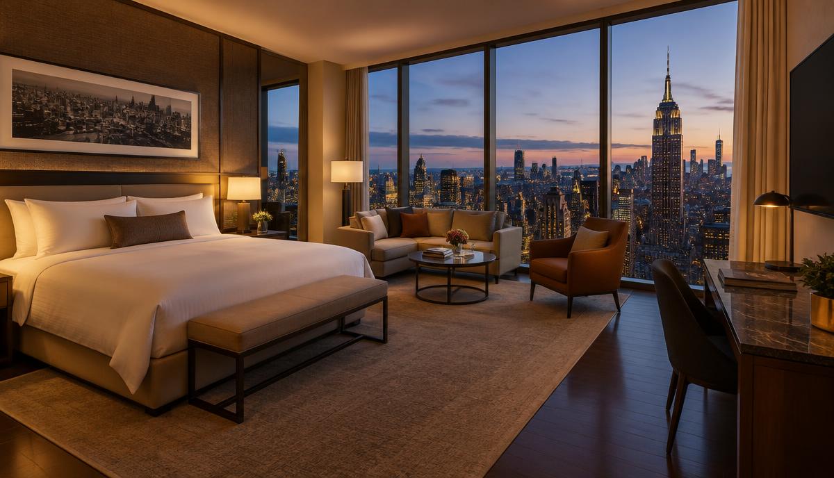 Luxury hotel suite with a city skyline view