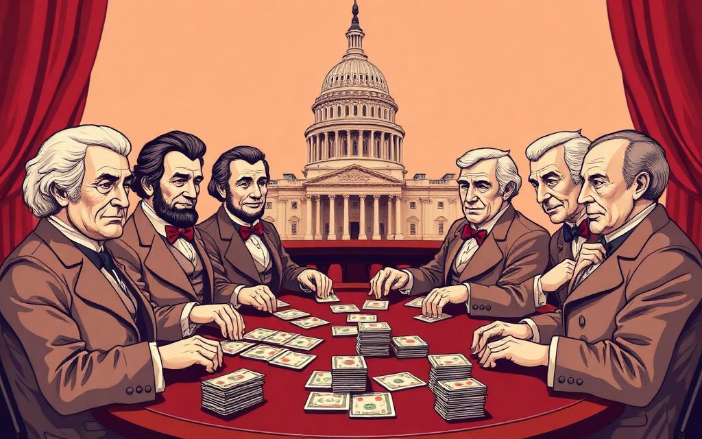 US presidents from dollar bills playing poker at the Capitol