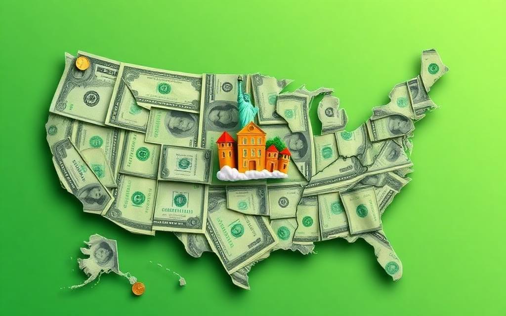 Map of the United States made entirely of dollar bills