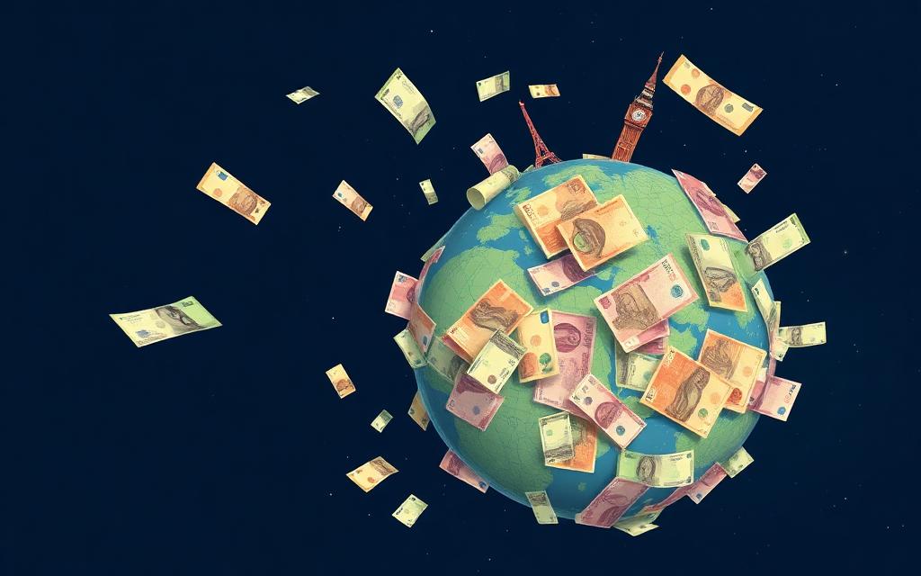 Globe wrapped in banknotes from around the world