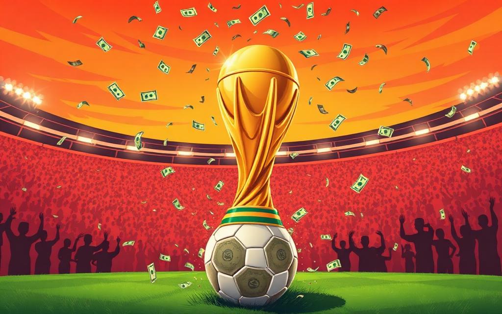 Golden World Cup trophy raining cash in a stadium